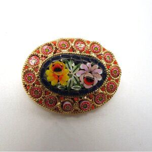 Vintage Italian Micro Mosaic Floral Brooch‎ Millefiori Pin Gold Tone Oval Shape